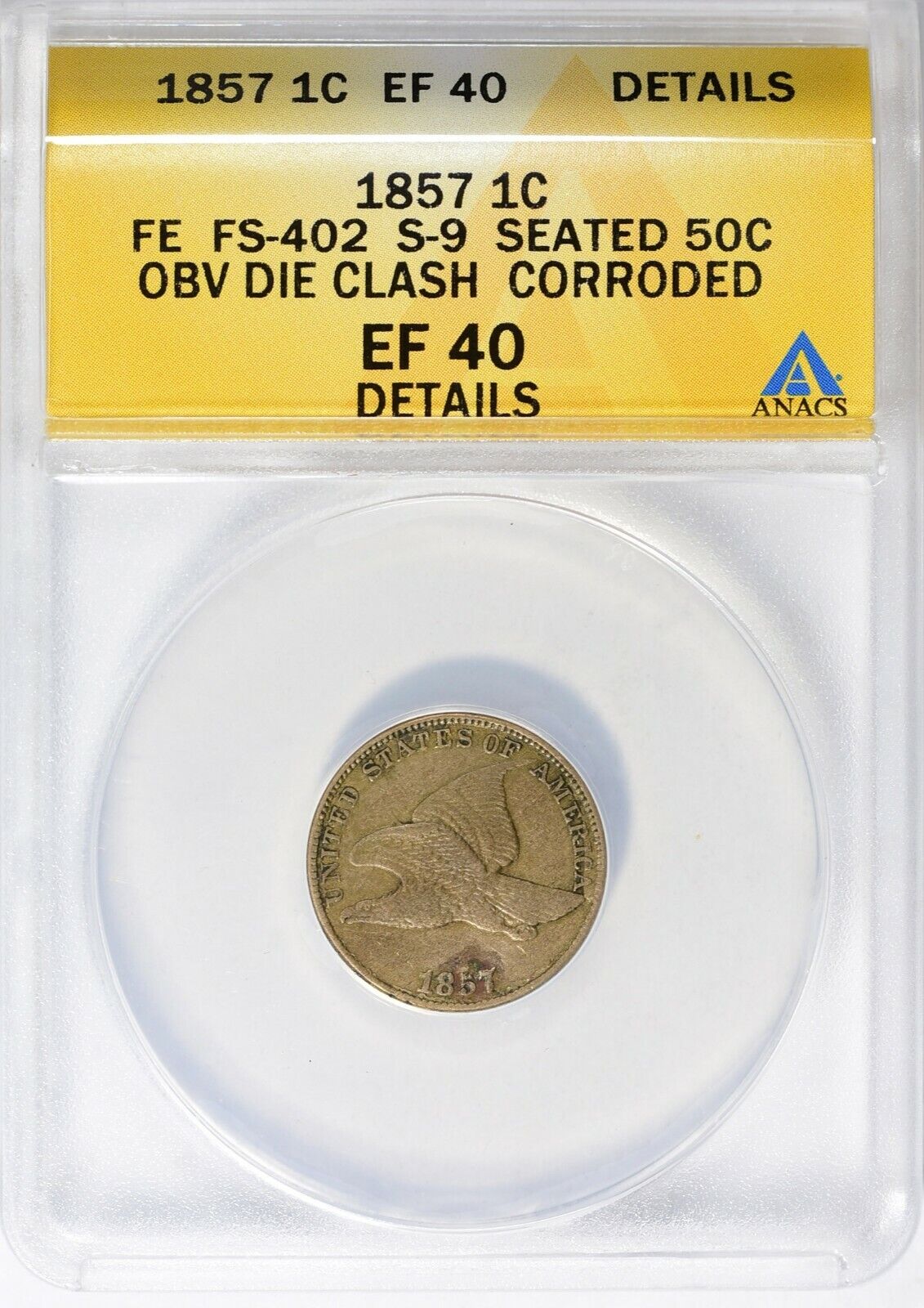 1857 Flying Eagle Penny S-9 50c Obv Die Clash Anacs Xf-40 Details